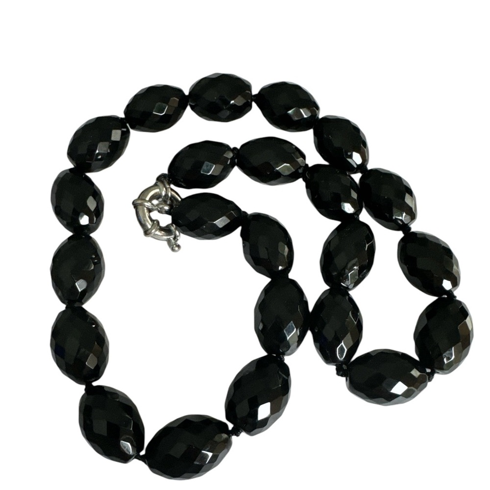 Black Agate Necklace Faceted Knotted Beads 19” long